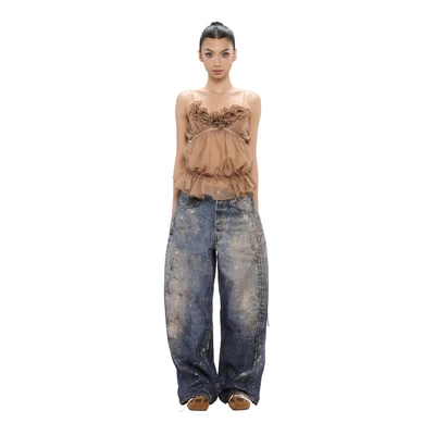 LSOUL Áo 2 Dây Xếp Tầng Phối Hoa Nhún Ngực Hannie Top + Quần Jeans Baggy Yeom Bottom A25072832