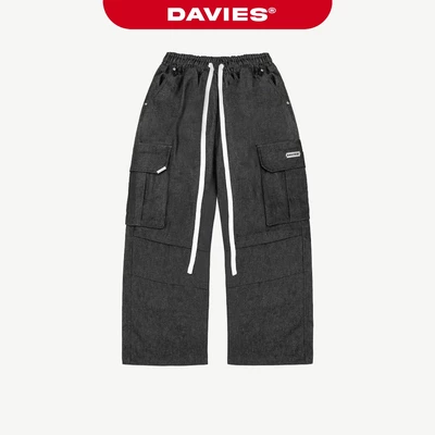 Quần jean túi hộp nam nữ logo inox DAVIES lưng thun dây rút form rộng thêu chữ túi sau Denim Cargo Pants| D-Q1