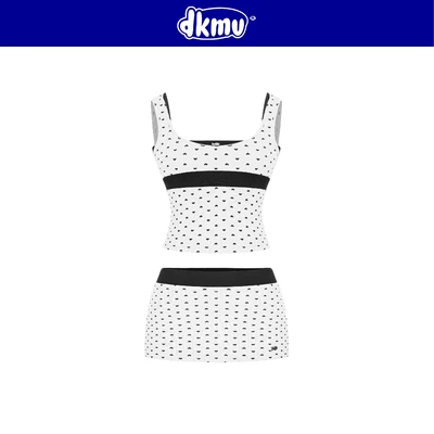 Set áo chân váy ngắn nữ ôm dáng DKMV hoạ tiết trái tim thun lụa co giãn đính logo cá màu trắng Pearly Set | K-SET19-T