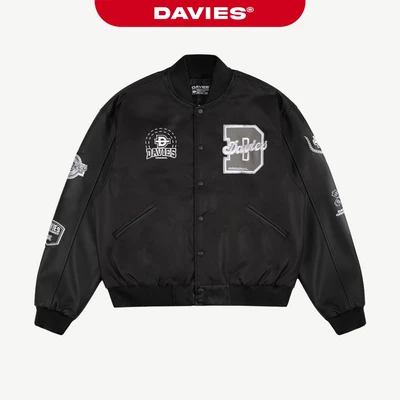 Áo varsity jacket nam nữ dù DAVIES logo thêu dù nổi, thêu da nổi, tay phối da màu đen Varsity Jacket Academy | D34-AK4