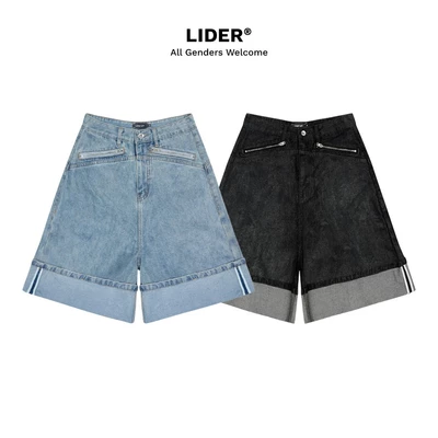 Quần Jeans Denim Dáng Lửng Ống Rộng Lai Lật LIDER OVERROLLED CARPENTER SHORTS
