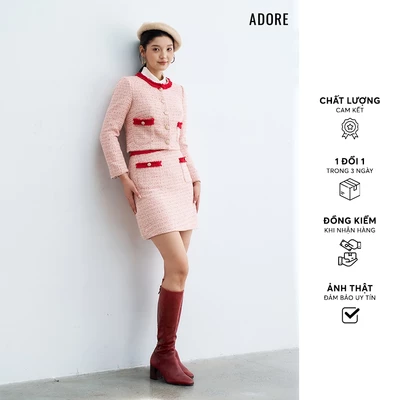 Chân váy mini A tweed hồng nhạt phối dây rua trang trí - 513SK0027 ADORE