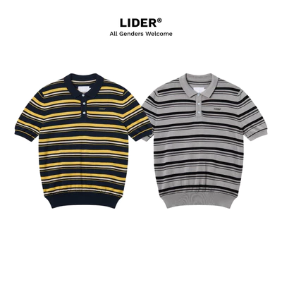 Áo Polo Len Dệt Kẻ Sọc Tay Ngắn LIDER CAMPUS POLO SHIRT - Striped Grey/ Striped Honey