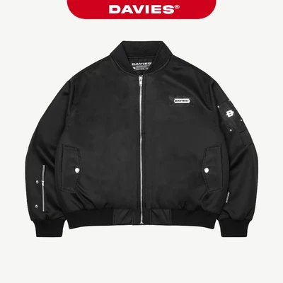 Áo bomber jacket tay nhún khóa kéo DAVIES dù 2 lớp thêu chữ phối da nhiều chi tiết kim loại túi có trong Metallic| D-AK7