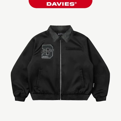Áo khoác dù 2 lớp phối cổ nhung DAVIES thêu logo D dây kéo màu đen logo su có túi trong D Harrington Jacket| D34-AK6
