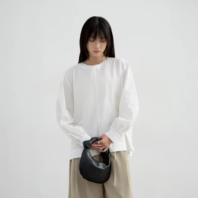 Áo Kiểu Tay Dài Màu Trắng Chất Vải Cotton, Áo Nữ Dài Tay Cổ Tròn Form Rộng  - Round Blouse