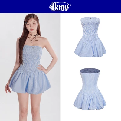 Đầm cúp ngực xoè bồng sọc nhí DKMV dáng ngắn ôm sát thân trên với thun nhún khóa kéo xanh nhạt xinh Mia Dress| K-D16-XN