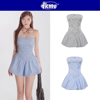 Đầm cúp ngực ngắn dáng bí DKMV thiết kế nhún phối hoạ tiết kẻ sọc đáng yêu màu xanh nhạt, xám Mia Dress | K-D16