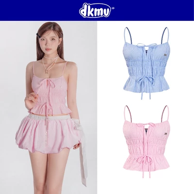 Áo hai dây nữ nhún eo kèm thắt nơ DKMV màu hồng và xanh phối sọc thiết kế logo cá inox siêu đáng yêu Myrna Top | K-T32