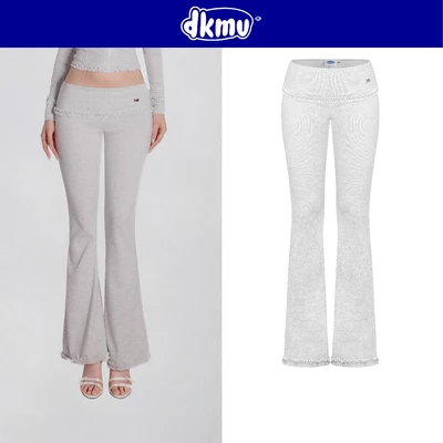 Quần dài nữ ống loe cạp thấp ôm DKMV thiết kế lưng lật phối bèo đính logo cá màu xám trắng Glimmer Set | K-SET16-Q-XT