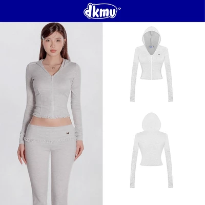 Áo khoác nữ đẹp dáng croptop có mũ DKMV thiết kế viền bèo nữ tính ôm sát dáng màu xám trắng Glimmer Set | K-SET16-AK-XT