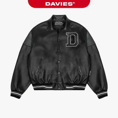 Áo khoác varsity jacket da DAVIES nam nữ local brand thêu logo màu đen BMG Leather | D22-AK4