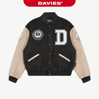 Bomber jacket bóng chày DAVIES nỉ, kaki đen phối tay be form rộng 2 lớp thêu logo phong cách đường phố