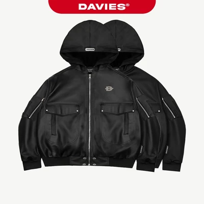 Áo khoác bomber có mũ nhiều túi DAVIES khóa kéo chất liệu da, dù túi hộp tay áo Double Box Hooded Bomber Jacket | D-AK9