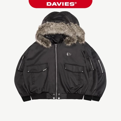 Áo khoác bomber có mũ phối lông vũ DAVIES nhiều túi logo inox dù, da túi hộp tay áo Hunter Hooded Bomber Jacket| D-AK17