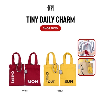 Jamlos Tiny Daily Charm - phụ kiện túi dáng tote tí hon in chữ ngày và cảm hứng sống vui vải canvas