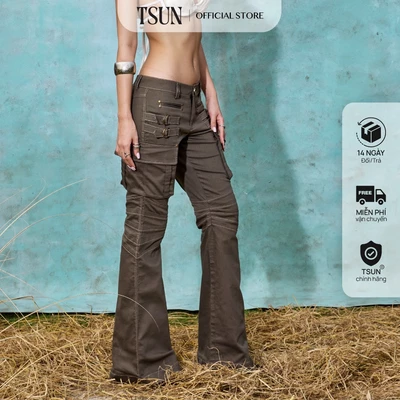 TSUN - Oryn Flared Pants Quần Kaki Ống Loe Nữ Cargo Phối Đai Cạp Trễ Cá Tính Y2K