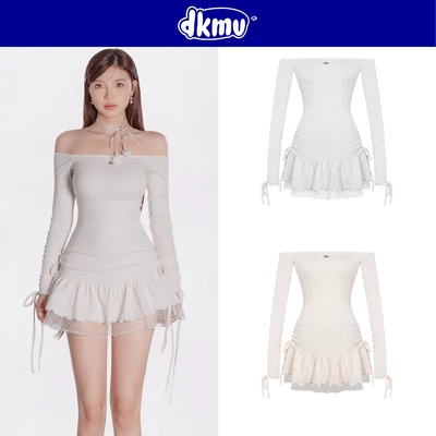 Đầm tiểu thư trễ vai xòe phối ren DKMV hoạ tiết dây rút thắt nơ đáng yêu đính logo cá thun rib mềm mại Liz Dress | K-D45