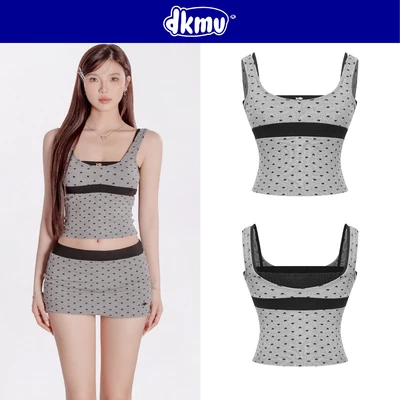 Áo 2 dây nữ kiểu hai lớp croptop DKMV hoạ tiết trái tim điệu đà phối logo cá inox màu xám Pearly Set | K-SET19-T-X