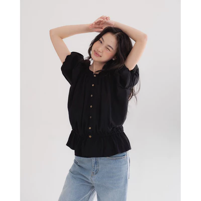 DOB - Áo kiểu nữ tay ngắn phối thun bo eo nhẹ | Elin |