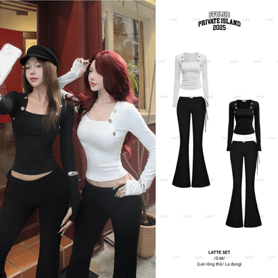 [CÓ TÁCH SET] SET Áo len Latte tay dài phối nút & Quần ống loe cạp trễ FFCLUB