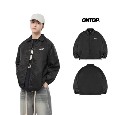 Áo khoác dù đen nút bấm local brand ONTOP logo thêu, lót lưới có túi trong nam nữ basic EMB Jacket | O15-AK6