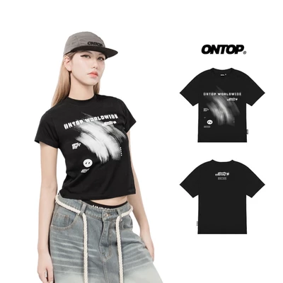 Áo baby tee màu đen in họa tiết ONTOP tay ngắn, tôn dáng vải cotton thoáng mát local brand nữ Ripple | O21-T5