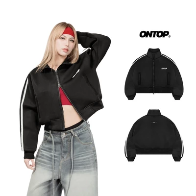 Áo khoác ngắn sọc tay form boxy ONTOP vải poly xốp màu đen 2 đầu kéo local brand basic Baby Jacket Cos | O22-AK9