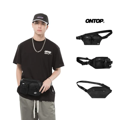 Túi bao tử đeo bụng vải canvas ONTOP màu đen phối lưới nhiều ngăn local brand nam nữ Mesh Bumbag | O-B64