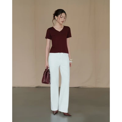 RUBIES Min Top - Áo Thun Nữ Dáng Suông Ôm Basic Tay Ngắn Cổ Tim V