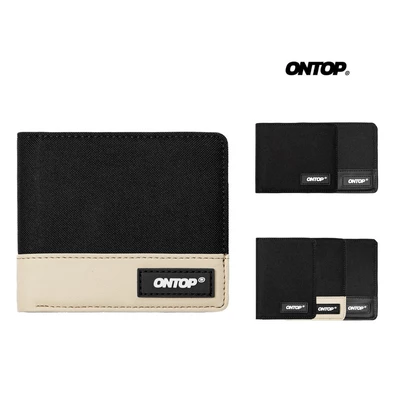 Ví gập đôi vải canvas phối da ONTOP nam nữ nhiều ngăn nhỏ gọn màu đen Bi-Fold Wallet |O-V47 & O-V48