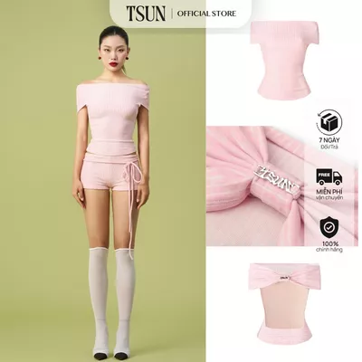 TSUN - Peony Top Áo Thun Nữ Sọc Hồng Ôm Dáng Hở Lưng Phối Lưới Gợi Cảm Cá Tính