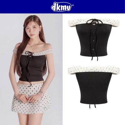 Áo trễ vai đen phối viền bèo màu kem DKMV dáng croptop họa tiết chấm bi dây thắt nơ điệu đà ôm dáng Jethro Top | K-T36