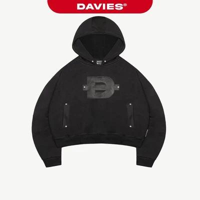 Áo hoodie nam nữ form rộng DAVIES hình thêu da nổi túi áo đính nút kim loại mũ to có nút bấm màu đen Rivet | D-HD3