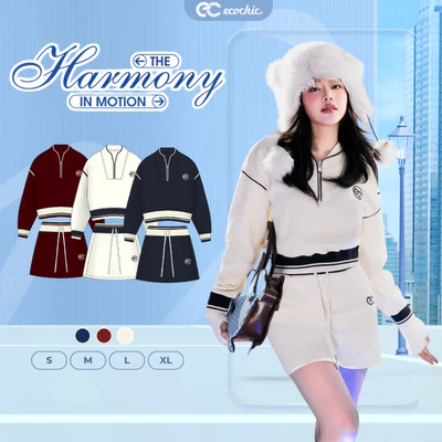 Set Bộ Chân Váy ECOCHIC Áo Crop Cổ Khoá Zip Phối Viền Chất Liệu Nỉ Mịn Cao Cấp Chính Hãng B217