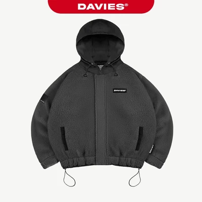 Áo khoác lông cừu có mũ màu xám DAVIES khóa kéo form rộng có lót dù kèm dây rút logo su Fleece Hooded Jacket D35-AK5-X
