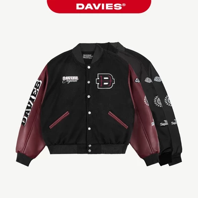 Áo varsity nỉ đen tay phối da Davies hình thêu nổi form rộng có lót trong Heritage Bomber Varsity Jacket | D-AK10