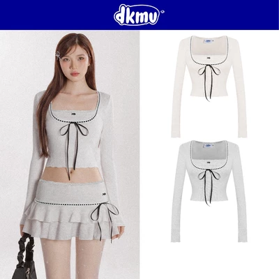 Áo croptop kiểu ôm body dài tay DKMV form cổ vuông đính viền ren đan dây ruy băng thắt nơ điệu đà Ribbon Set | K-SET17-T