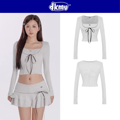Áo dài tay croptop nữ ôm dáng DKMV cổ vuông viền ren phối dây thắt nơ xinh xắn màu xám Ribbon Set | K-SET17-T-XT