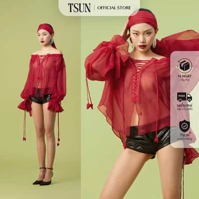 TSUN - Victoria Shirts Sơ Mi Đỏ Cách Điệu Xuyên Thấu Thắt Dây Ngực Tay Bồng Cá Tính