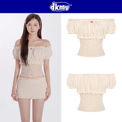 Áo trễ vai tay phồng eo ren xuyên thấu DKMV thiết kế chun nhún ngực đáng yêu logo cá màu kem Cuddle Set | K-SET18-T-K