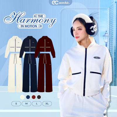 Set Bộ ECOCHIC BOLD EASE Áo Crop Cổ Bẻ Khoá Zip Phối Viền Quần Suông Chất Liệu Cao Cấp Chính Hãng HNH B206