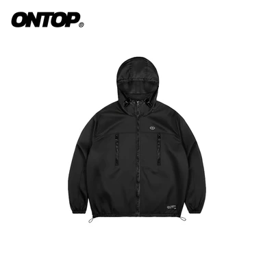 Áo chống nắng vải dù 2 lớp nam nữ ONTOP có mũ màu đen 2 túi ngực dọc nổi bật Nomad Shell Jacket | O-AK8-D