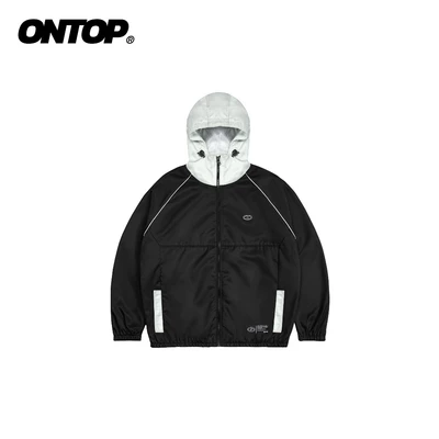 Áo khoác gió nam nữ có mũ ONTOP màu đen phối xám có túi trong Explorer Jacket | O-AK6-D