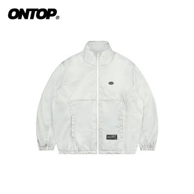 Áo khoác chống gió hai lớp ONTOP cổ trụ, phối viền nam nữ màu xám trắng Wind Track Jacket | O-AK5-XT