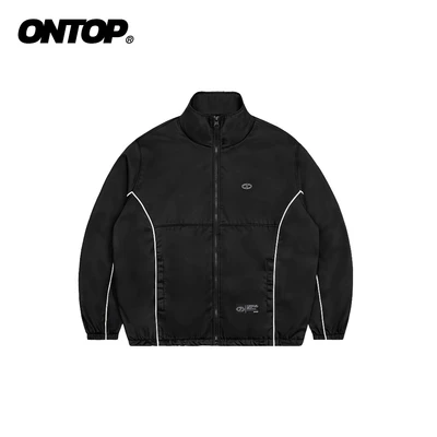 Áo gió chống nước hai lớp ONTOP cổ trụ, phối viền nam nữ màu đen Wind Track Jacket | O-AK5-D
