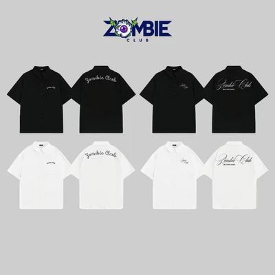 Áo sơ mi, ZOMBIE.CLUB,Thêu Font Mắt Xích + Font Viết Tay, chất lụa premium, ngắn tay, dáng rộng, UNISEX, Chính Hãng