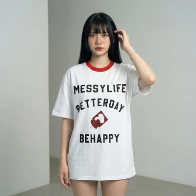 Áo thun unisex Onism - Be Happy  cổ phối màu đỏ trắng, form oversize cotton, áo phông nam nữ in chữ streetwear Hàn