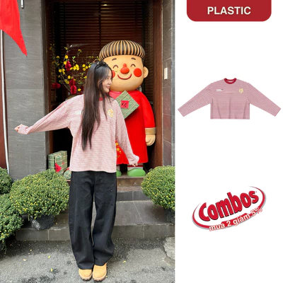 (BST TẾT) Áo Thun Tay Dài Sọc Đỏ Long Sleeve Boxy "Mèo" Vải Cá Sấu Form Rộng Cổ Tròn Unisex Nam Nữ Basic