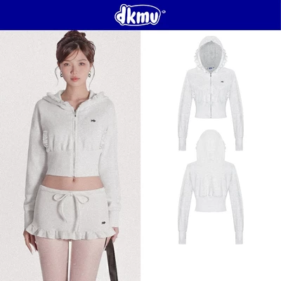 Áo khoác nữ đẹp kèm mũ dáng croptop DKMV tay dài hoạ tiết phối bèo bo chun ôm eo logo cá màu xám Dreamy | K-SET20-AK-X